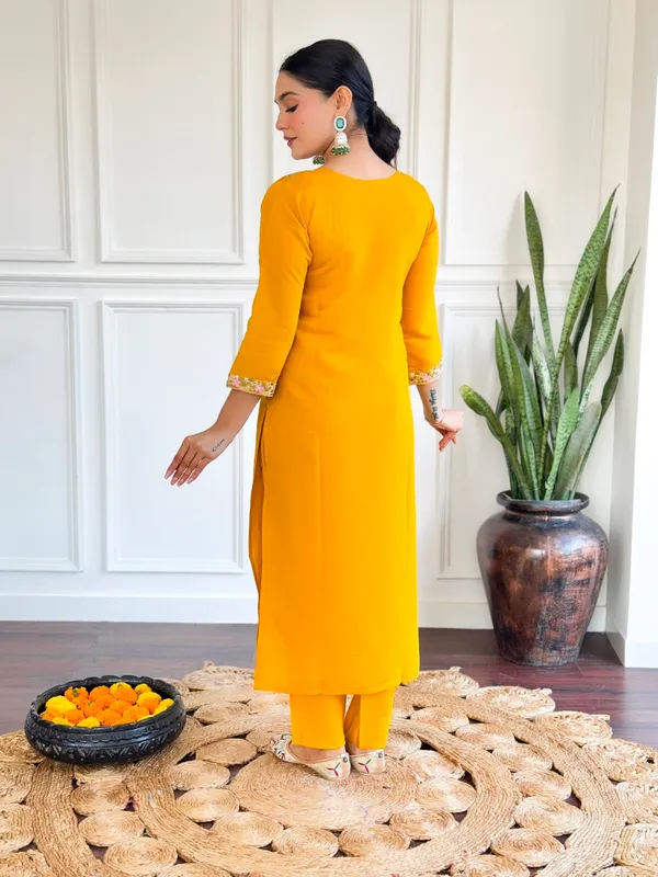 Yellow_Chanderi_Silk_Fabric_Work_Straight_Cut_Kurta_Pant_And_Dupatta_Set