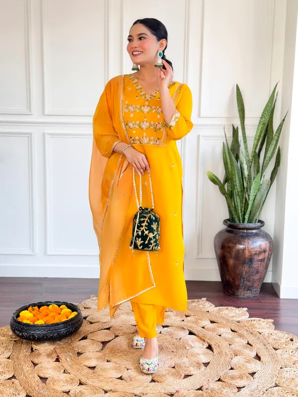 Yellow_Chanderi_Silk_Fabric_Work_Straight_Cut_Kurta_Pant_And_Dupatta_Set