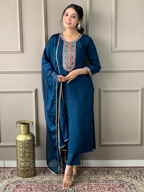 Blue_Embroide_Viscose_Chanderi_Fabric_Straight_Kurta_Pant_And_Dupatta_Set