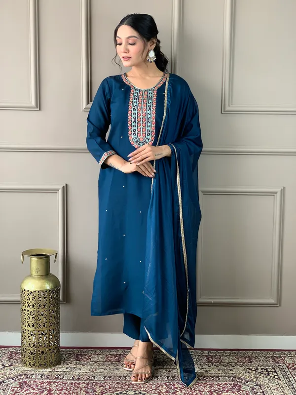 Blue_Embroide_Viscose_Chanderi_Fabric_Straight_Kurta_Pant_And_Dupatta_Set