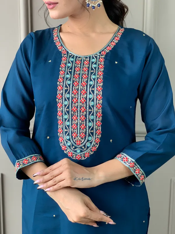 Blue_Embroide_Viscose_Chanderi_Fabric_Straight_Kurta_Pant_And_Dupatta_Set