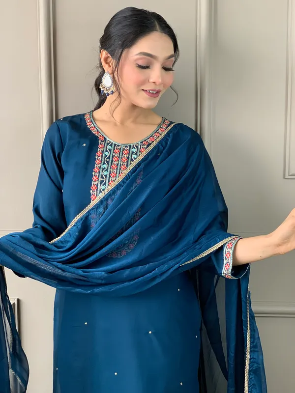 Blue_Embroide_Viscose_Chanderi_Fabric_Straight_Kurta_Pant_And_Dupatta_Set