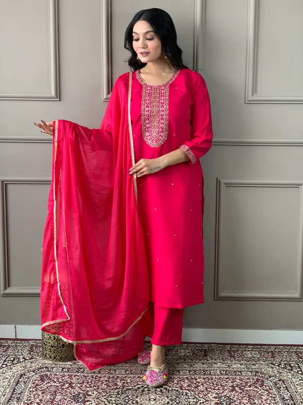 Red_Embroide_Viscose_Chanderi_Fabric_Straight_Kurta_Pant_And_Dupatta_Set