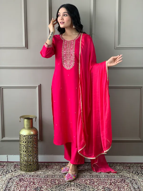Red_Embroide_Viscose_Chanderi_Fabric_Straight_Kurta_Pant_And_Dupatta_Set