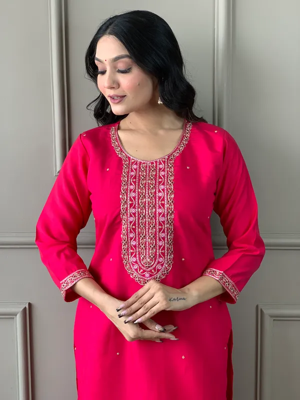 Red_Embroide_Viscose_Chanderi_Fabric_Straight_Kurta_Pant_And_Dupatta_Set