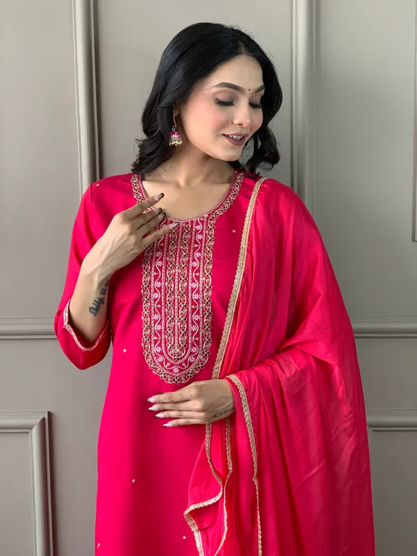 Red_Embroide_Viscose_Chanderi_Fabric_Straight_Kurta_Pant_And_Dupatta_Set