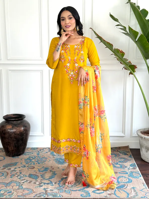 Mustard_Chanderi_Silk_Printed_Straight_Kurta_With_Pant_And_Printed_Dupatta_Set_For_Women