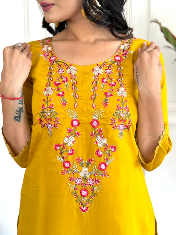 Mustard_Chanderi_Silk_Printed_Straight_Kurta_With_Pant_And_Printed_Dupatta_Set_For_Women