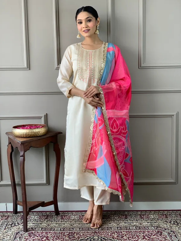 Cream_Chanderi_Viscose_Embroide_Straight_Kurta_With_Pant_And_Printed_Dupatta_Set