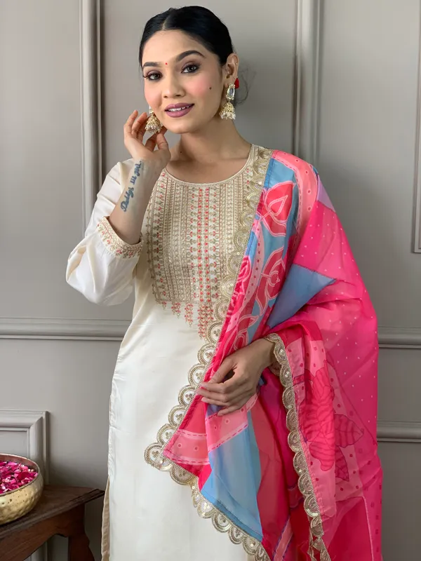 Cream_Chanderi_Viscose_Embroide_Straight_Kurta_With_Pant_And_Printed_Dupatta_Set