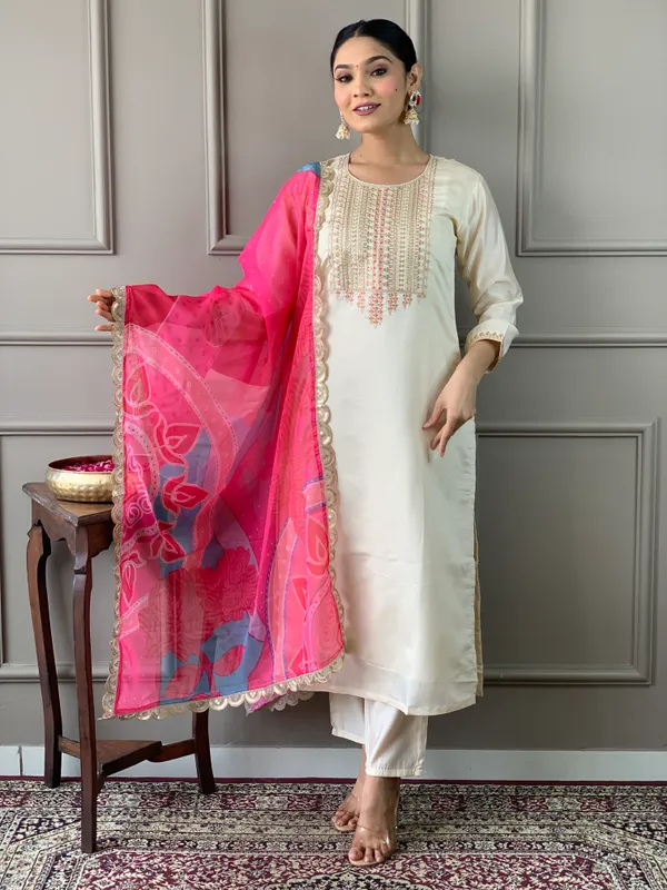 Cream_Chanderi_Viscose_Embroide_Straight_Kurta_With_Pant_And_Printed_Dupatta_Set