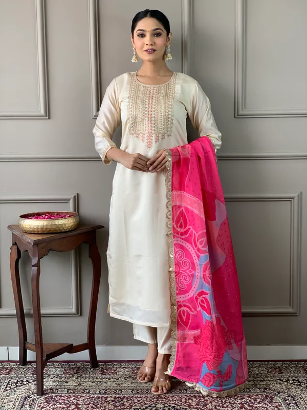 Cream_Chanderi_Viscose_Embroide_Straight_Kurta_With_Pant_And_Printed_Dupatta_Set
