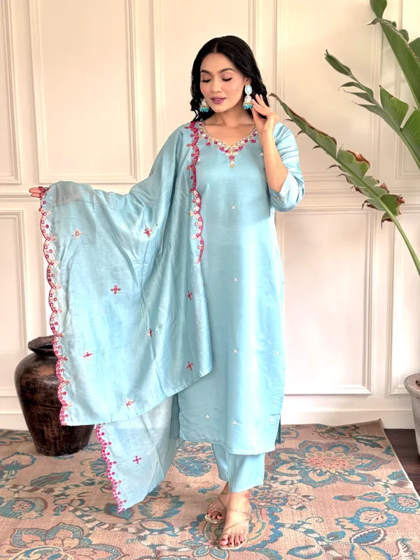 Blue_Chanderi_Viscose_Embroide_Straight_Kurta_With_Pant_And_Dupatta_Set