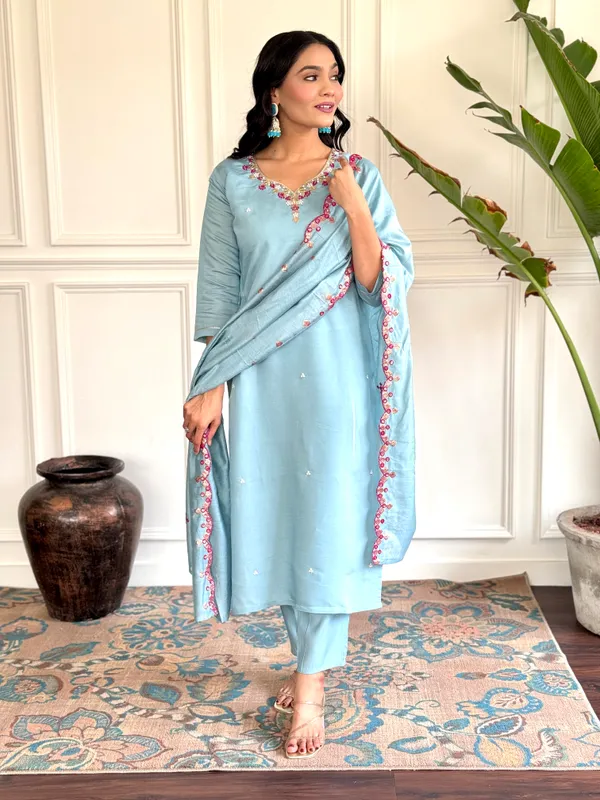 Blue_Chanderi_Viscose_Embroide_Straight_Kurta_With_Pant_And_Dupatta_Set