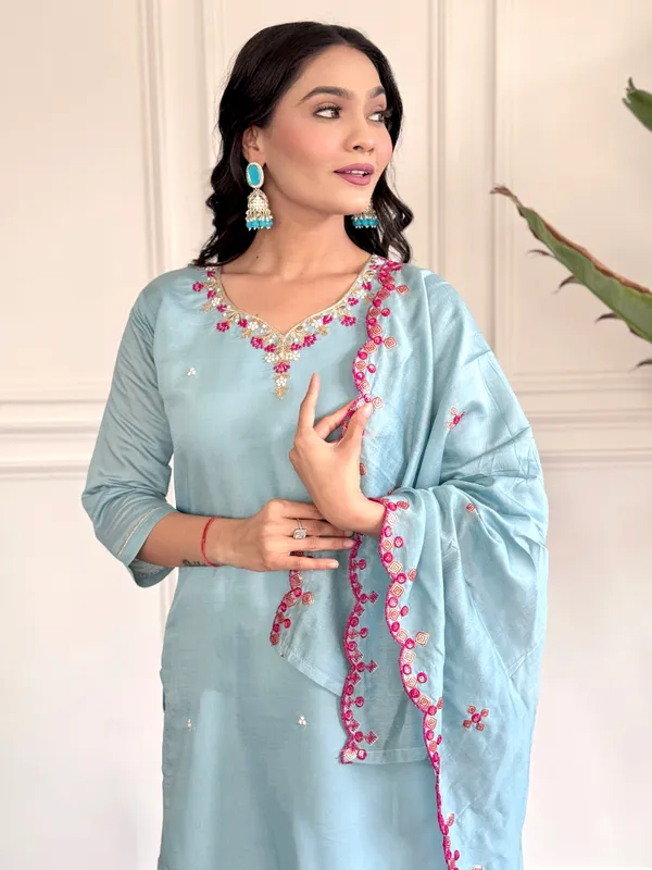 Blue_Chanderi_Viscose_Embroide_Straight_Kurta_With_Pant_And_Dupatta_Set