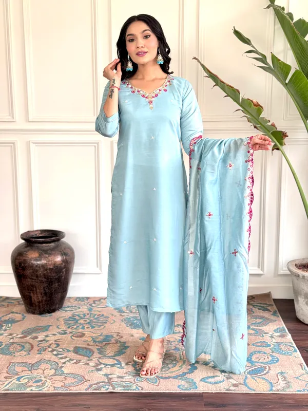 Blue_Chanderi_Viscose_Embroide_Straight_Kurta_With_Pant_And_Dupatta_Set