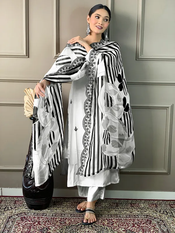 White_Viscose_Fabric_Straight_Kurta_Pant_And_Dupatta_Set