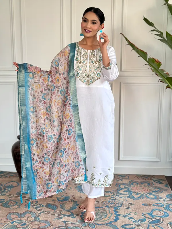 White_Chanderi_Viscose_Kalamkari_Printed_Straight_Kurta_With_Pant_And_Printed_Dupatta_Set