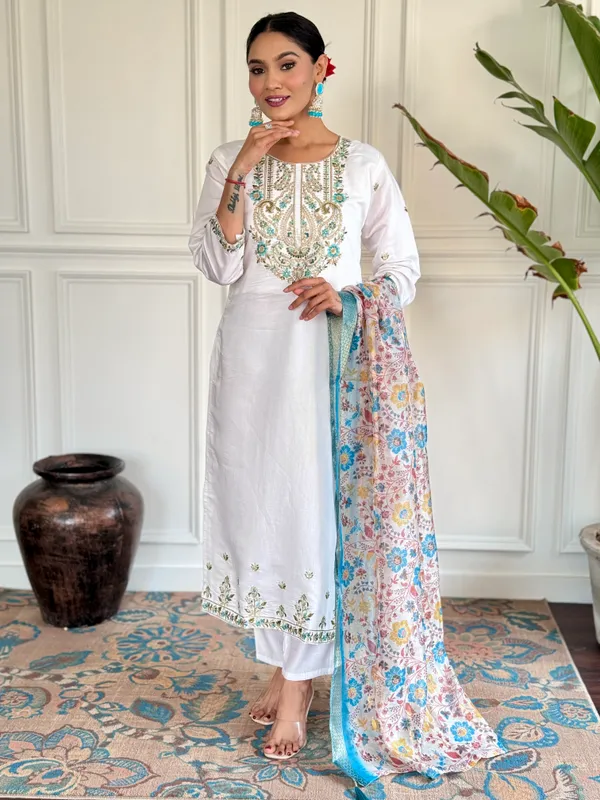 White_Chanderi_Viscose_Kalamkari_Printed_Straight_Kurta_With_Pant_And_Printed_Dupatta_Set
