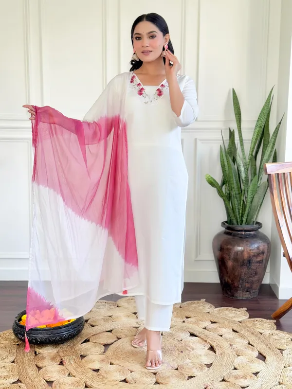 White_Chanderi_Fabric_Work_Straight_Cut_Kurta_Pant_And_Dupatta_Set