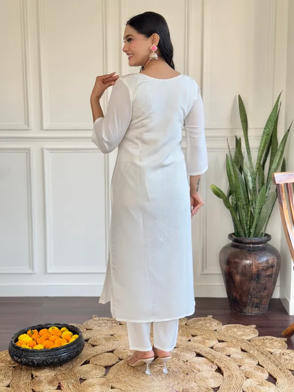 White_Chanderi_Fabric_Work_Straight_Cut_Kurta_Pant_And_Dupatta_Set