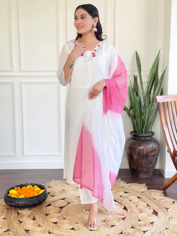 White_Chanderi_Fabric_Work_Straight_Cut_Kurta_Pant_And_Dupatta_Set