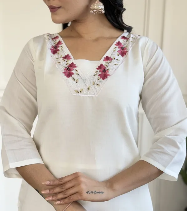 White_Chanderi_Fabric_Work_Straight_Cut_Kurta_Pant_And_Dupatta_Set