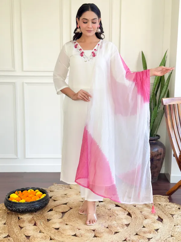 White_Chanderi_Fabric_Work_Straight_Cut_Kurta_Pant_And_Dupatta_Set