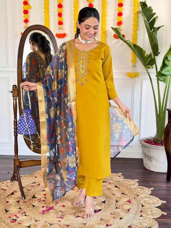 Mustard_Embroide_Viscose_Chanderi_Fabric_Straight_Kurta_Pant_And_Dupatta_Set