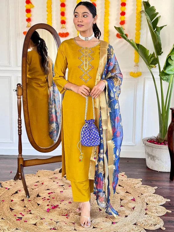 Mustard_Embroide_Viscose_Chanderi_Fabric_Straight_Kurta_Pant_And_Dupatta_Set