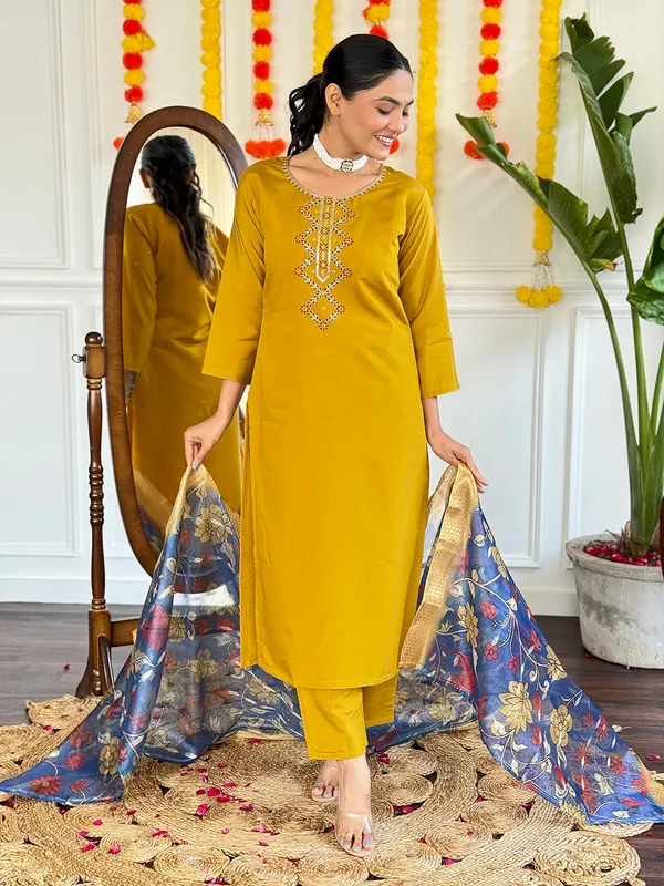 Mustard_Embroide_Viscose_Chanderi_Fabric_Straight_Kurta_Pant_And_Dupatta_Set