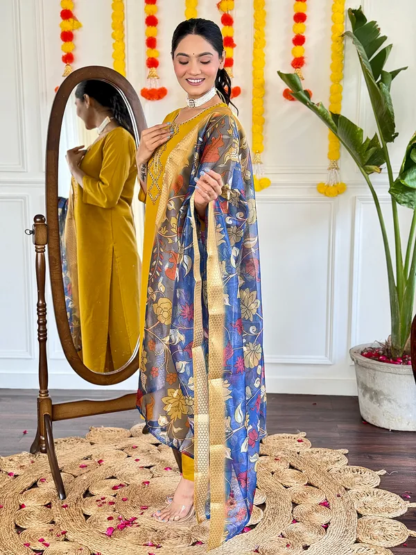 Mustard_Embroide_Viscose_Chanderi_Fabric_Straight_Kurta_Pant_And_Dupatta_Set