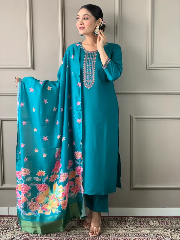Blue_Chanderi_Cotton_Embroidery_Kurta_Pant_Set_For_Women