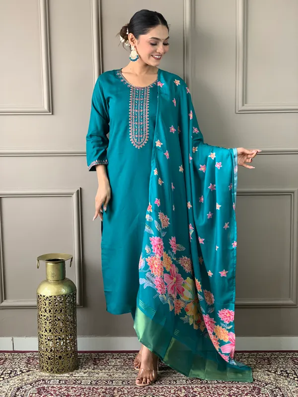 Blue_Chanderi_Cotton_Embroidery_Kurta_Pant_Set_For_Women