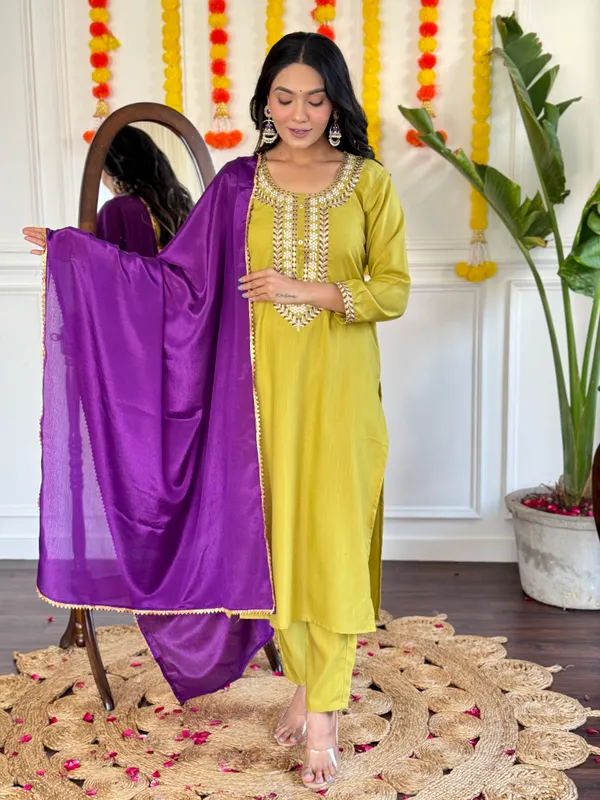Mustard_Embroide_Slub_Fabric_Straight_Kurta_Pant_And_Dupatta_Set