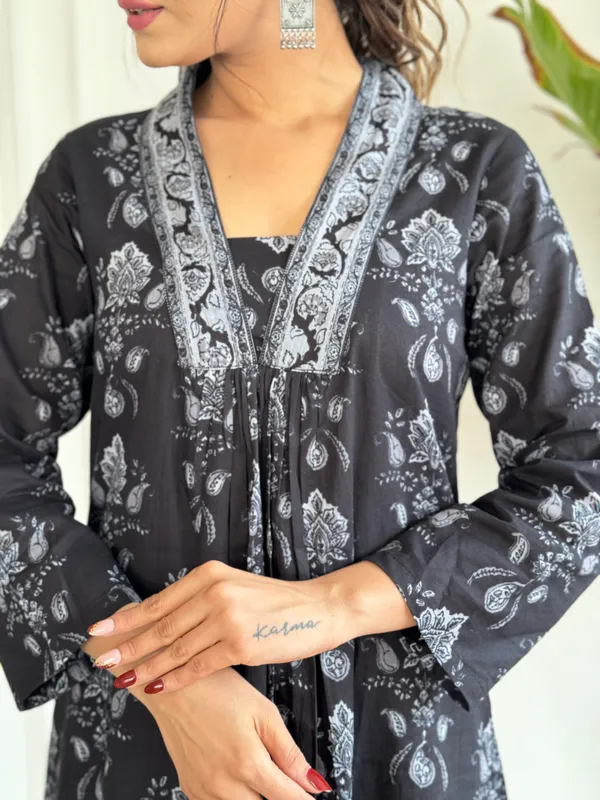 Black_Pure_Cotton_Fabric_Printed_Work_Kurta_Pant_And_Dupatta_Set
