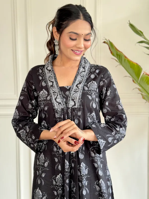 Black_Pure_Cotton_Fabric_Printed_Work_Kurta_Pant_And_Dupatta_Set