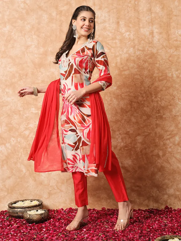 Red_Fabric_Printed_Work_Kurta_Pant_And_Dupatta_Set