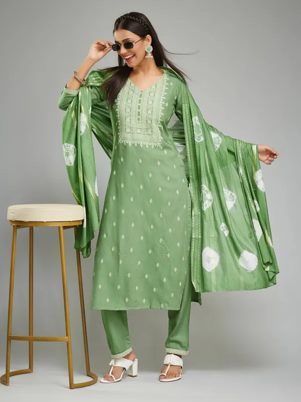 Green_Cotton_Printed_Work_Kurta_Pant_And_Dupatta_Set_For_Women