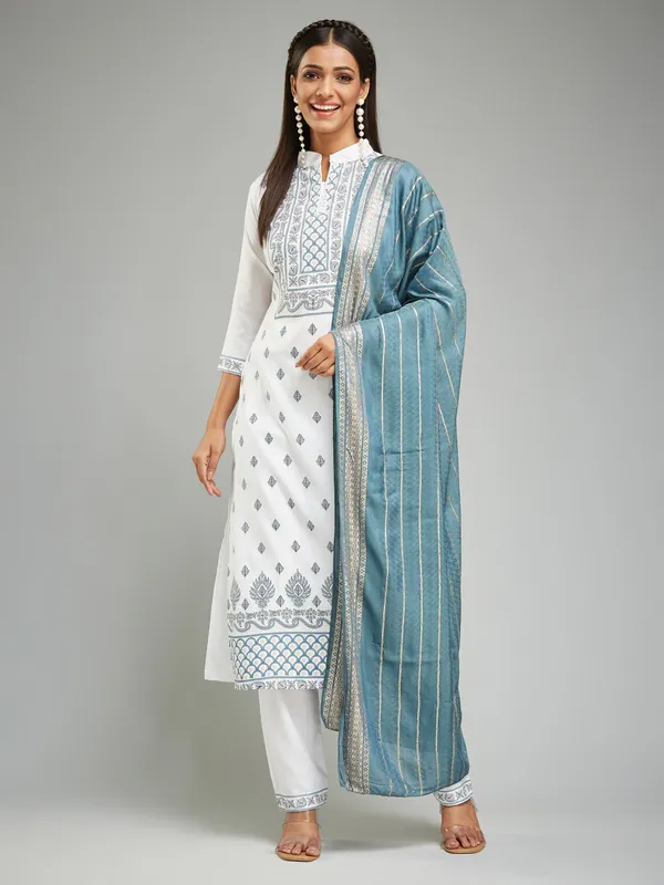 White_Cotton_Khari_Printed_Work_Kurta_Pant_And_Dupatta_Set_For_women