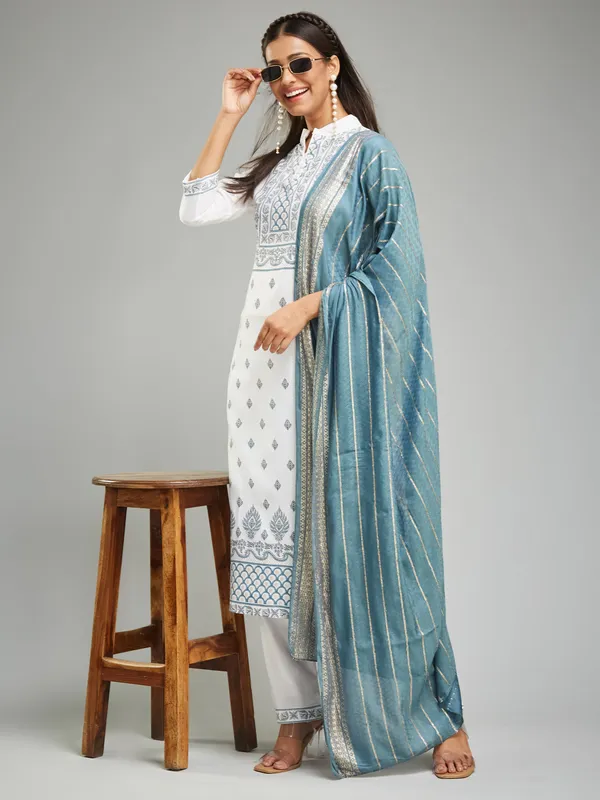 White_Cotton_Khari_Printed_Work_Kurta_Pant_And_Dupatta_Set_For_women