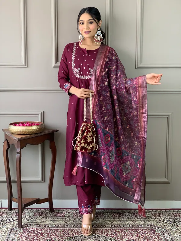 Wine_Embroide_Viscose_Chanderi_Fabric_Straight_Kurta_Pant_And_Dupatta_Set