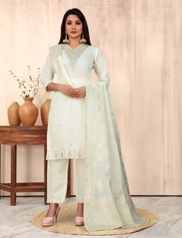 White_Silk_Blend_Fabric_Embroide_Work_Straight_Cut_Kurta_Pant_And_Dupatta_Set
