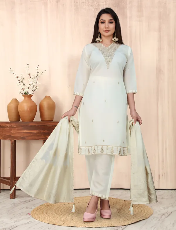 White_Silk_Blend_Fabric_Embroide_Work_Straight_Cut_Kurta_Pant_And_Dupatta_Set