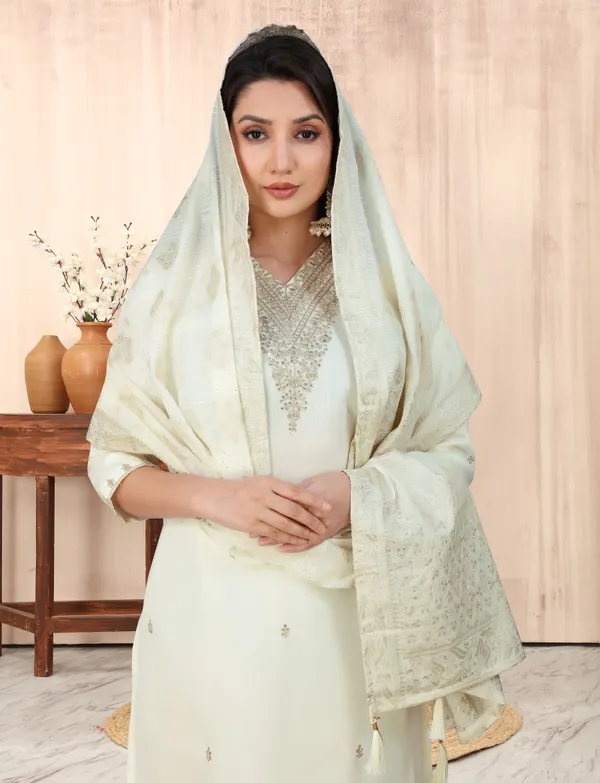 White_Silk_Blend_Fabric_Embroide_Work_Straight_Cut_Kurta_Pant_And_Dupatta_Set