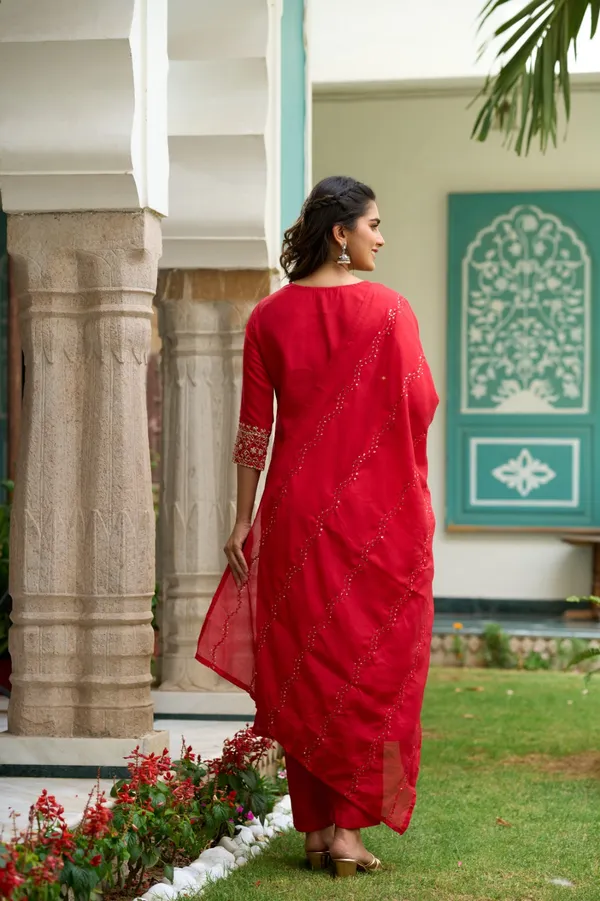 Red_Chanderi_Embroidery_Kurta_Pant_Set_For_Women