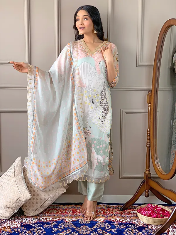 Pista_Organza_Fabric_Printed_Kurta_Pant_Set_For_Women
