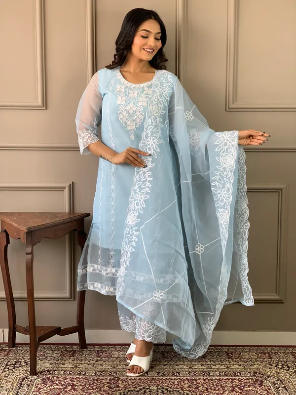 Sky_Blue_Organza_Fabric_Embroidered_Soft_Net_Kurta_Set_For_Women
