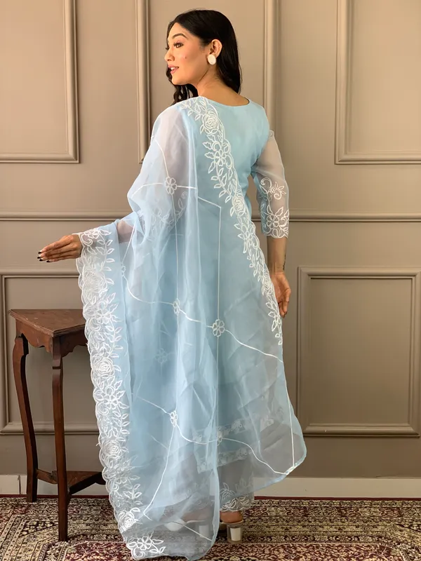 Sky_Blue_Organza_Fabric_Embroidered_Soft_Net_Kurta_Set_For_Women
