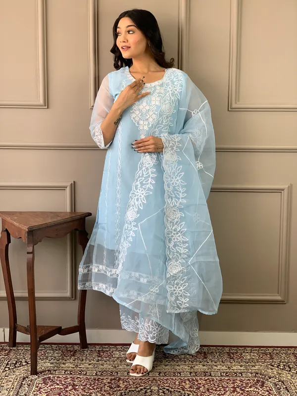 Sky_Blue_Organza_Fabric_Embroidered_Soft_Net_Kurta_Set_For_Women